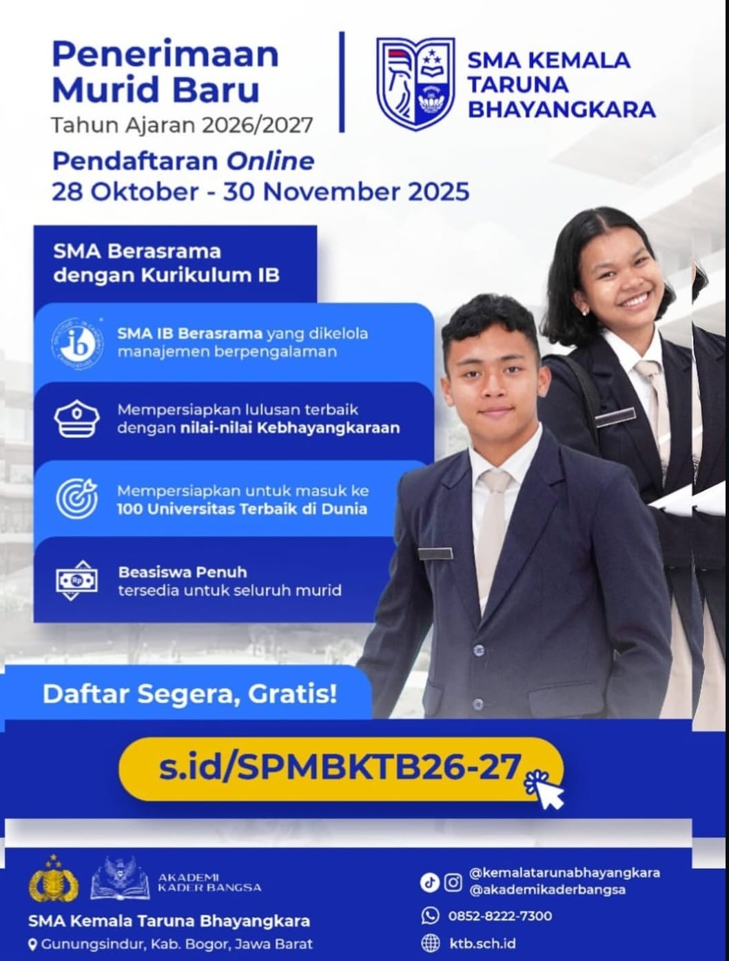 SMA Kemala Taruna Bhayangkara Buka Penerimaan Murid Baru Tahun Ajaran 2026/2027, Pendaftaran Gratis hingga 30 November 2025